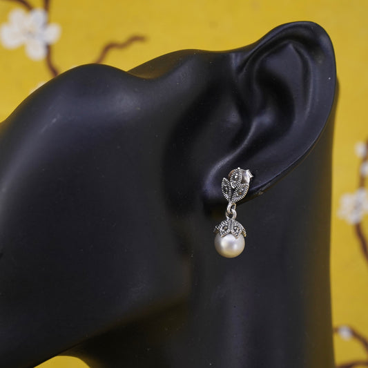 Vintage Sterling 925 silver handmade leafy earrings with pearl and marcasite