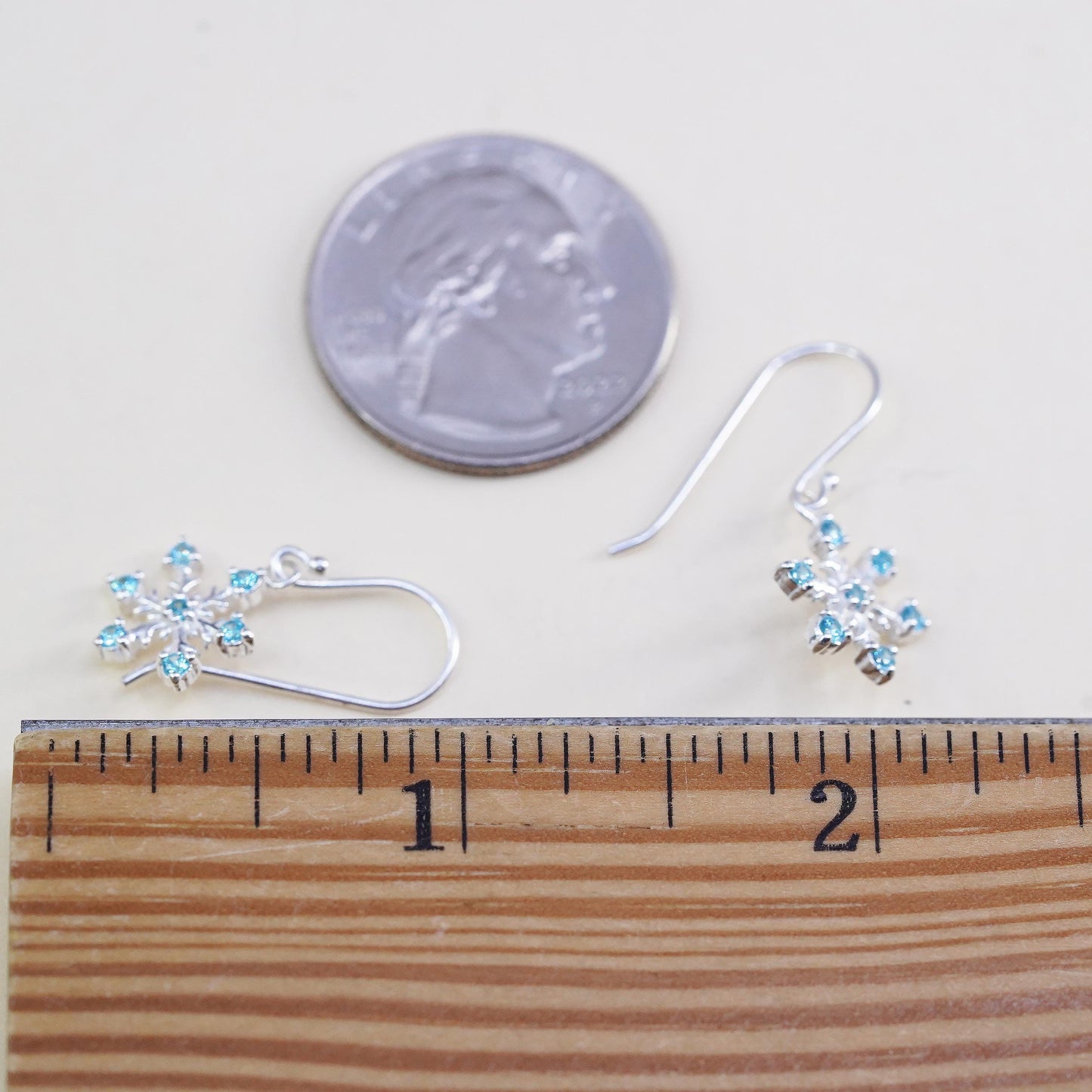 Vintage sterling silver handmade earrings, 925 snowflake drops with blue CZ