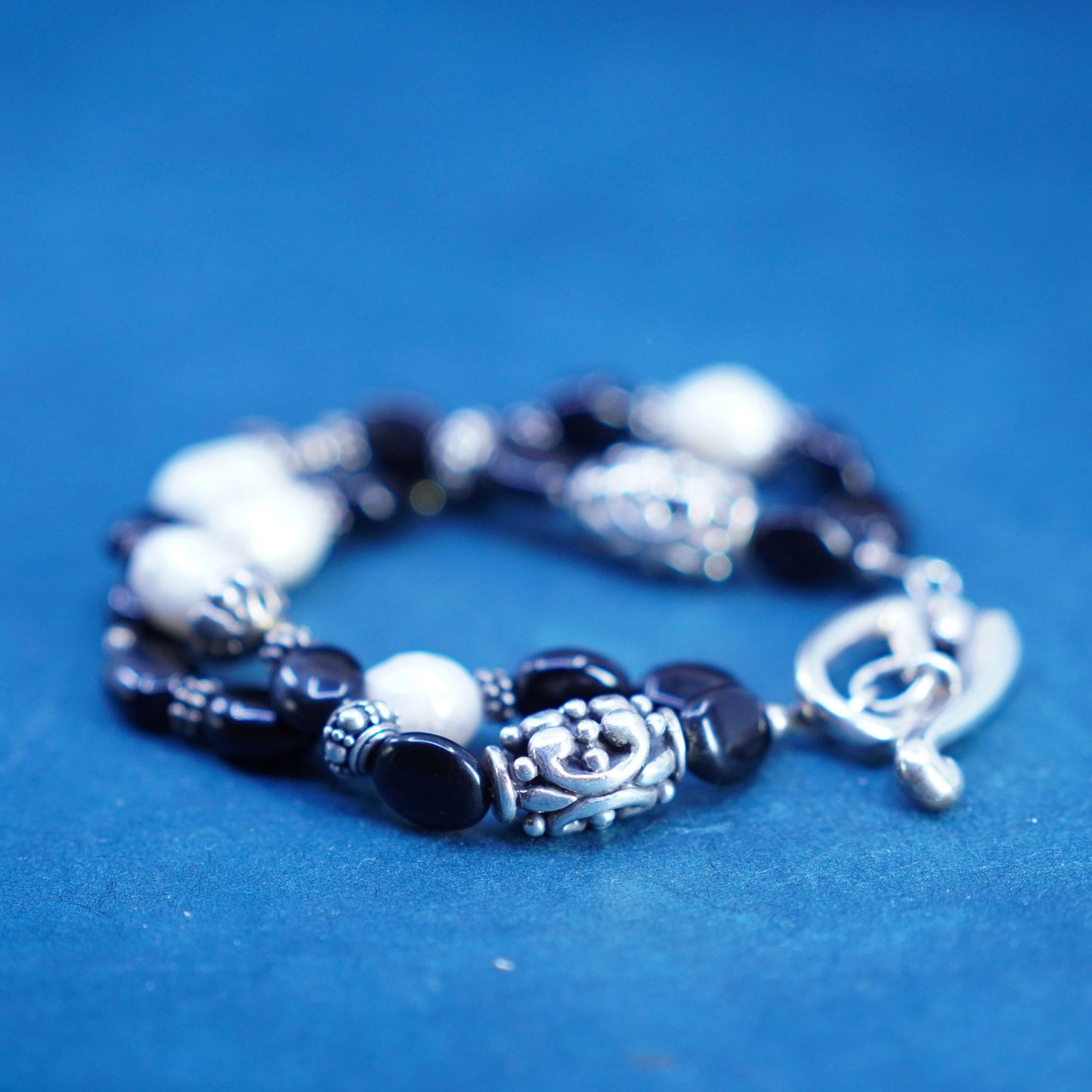 7”, vintage Sterling 925 silver handmade bracelet, obsidian and pearl beads