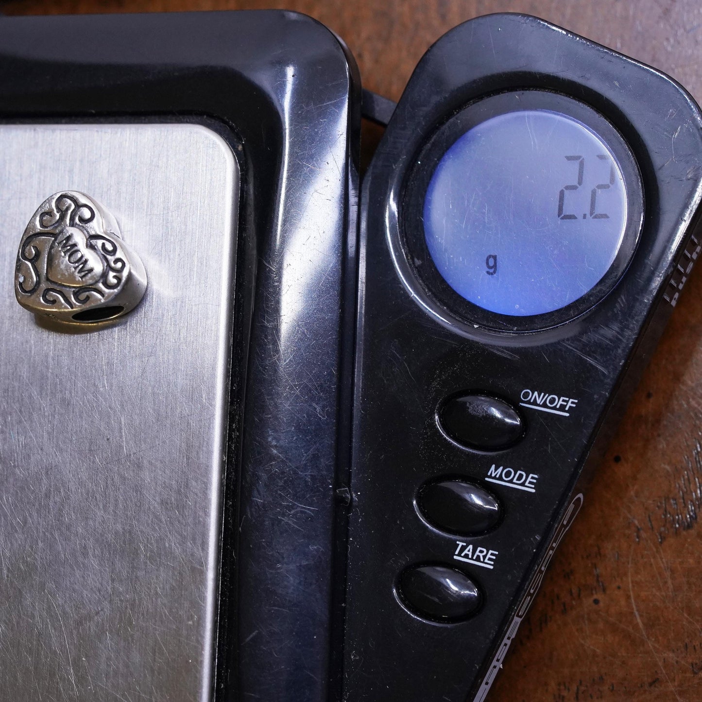 Vintage Sterling silver handmade bead charm, 925 heart pendant embossed mom