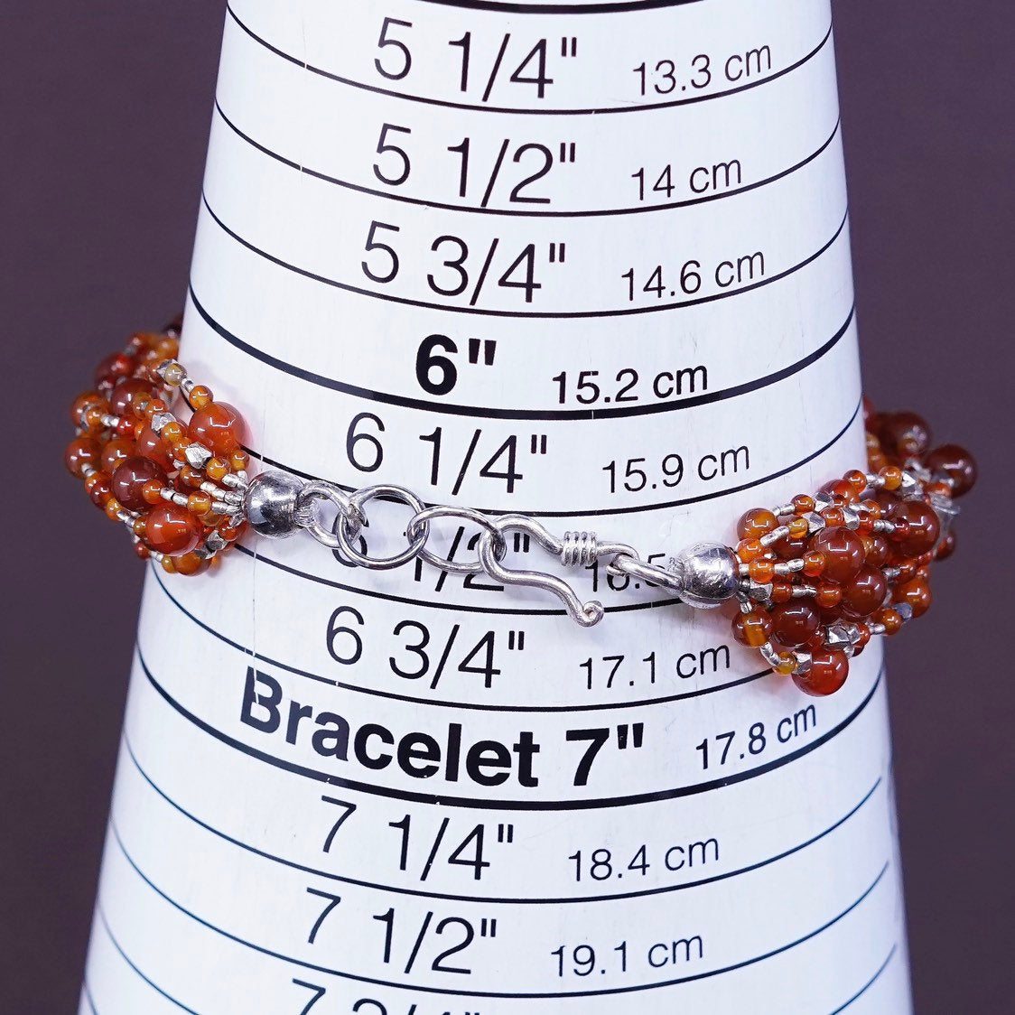 6.5”, vtg sterling silver handmade bracelet, 925 carnelian bead
