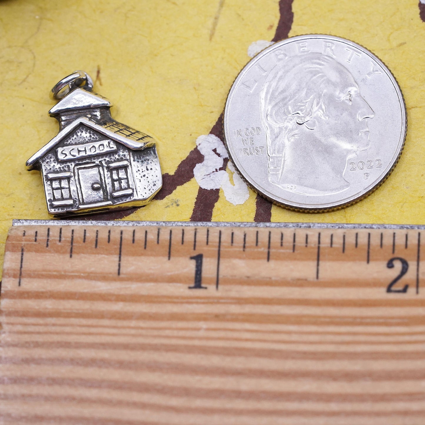 Vintage Sterling 925 silver handmade tag, school house charm pendant