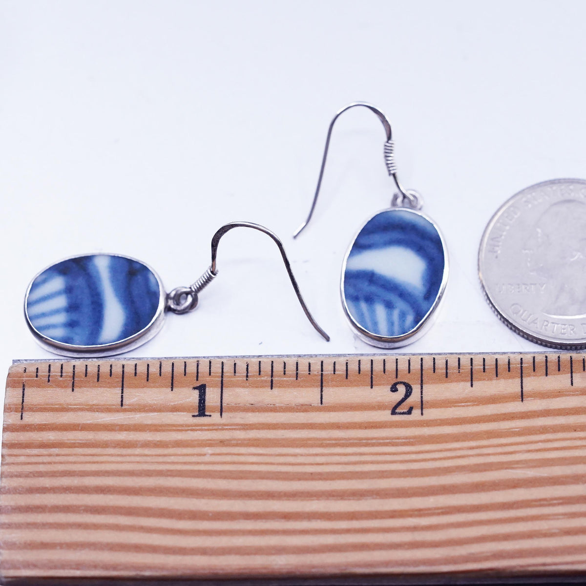 VTG Blue White Porcelain Shard Earrings, Sterling Silver 925, Ceramic Dangles