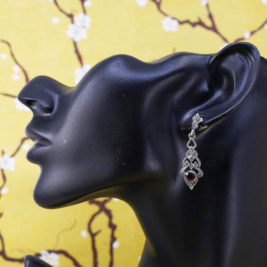 Vintage Sterling 925 silver handmade earrings with ruby and marcasite around