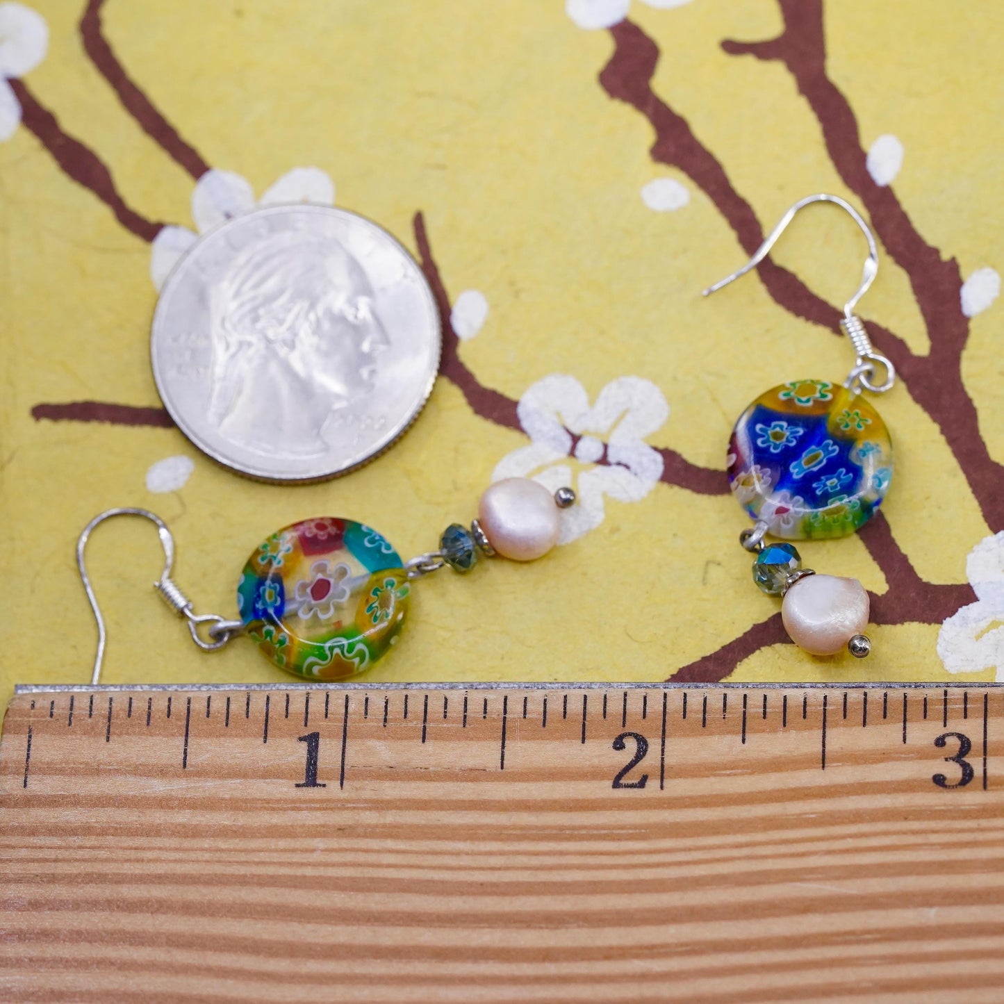 Vintage Italian sterling silver 925 handmade murano glass circle earrings pearl
