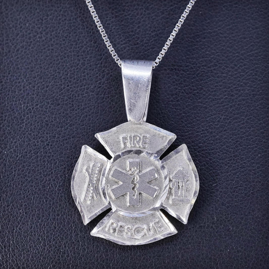 16”, Sterling 925 silver box necklace cross pendant fire rescue The Caduceus