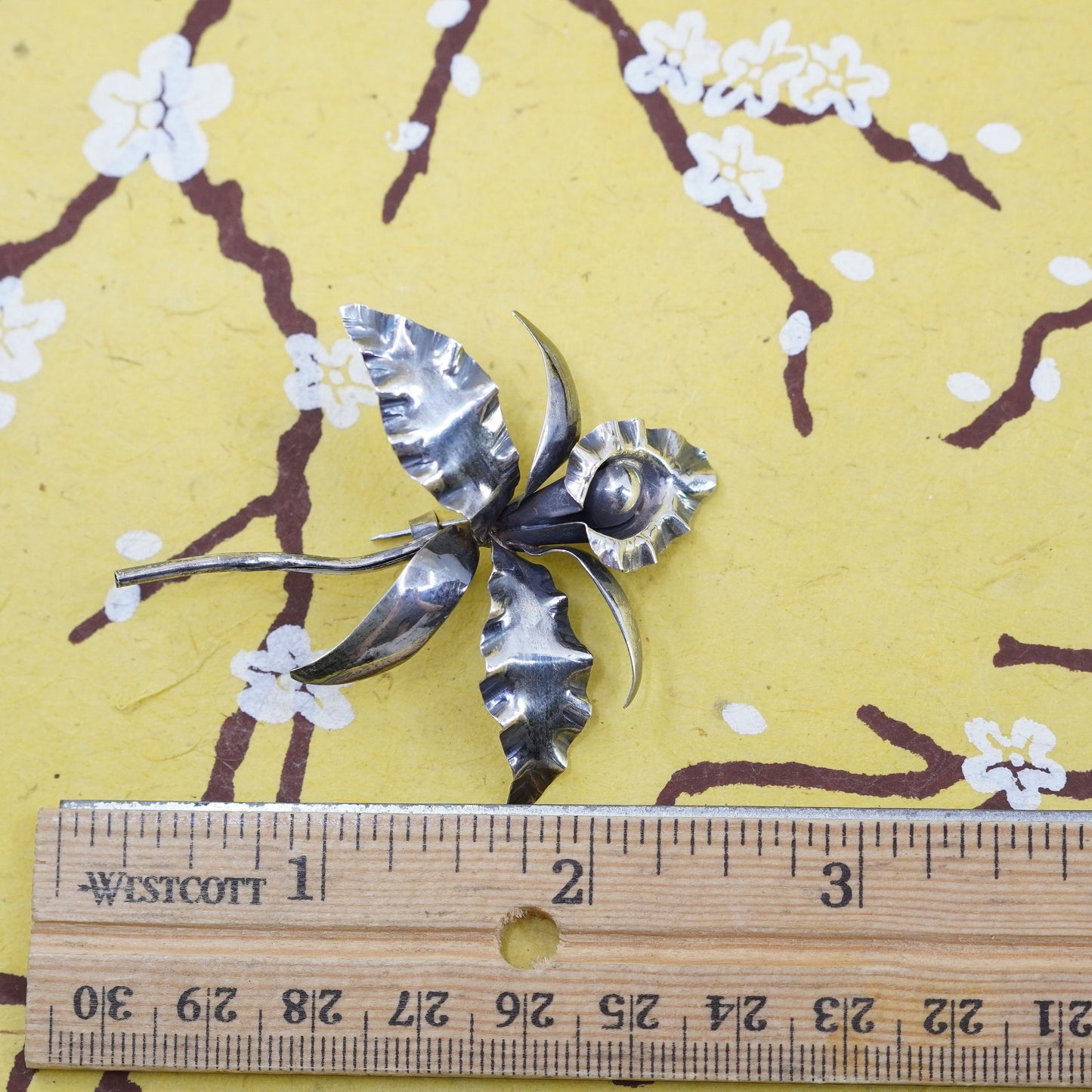 Vintage handmade sterling 925 silver orchid flower brooch