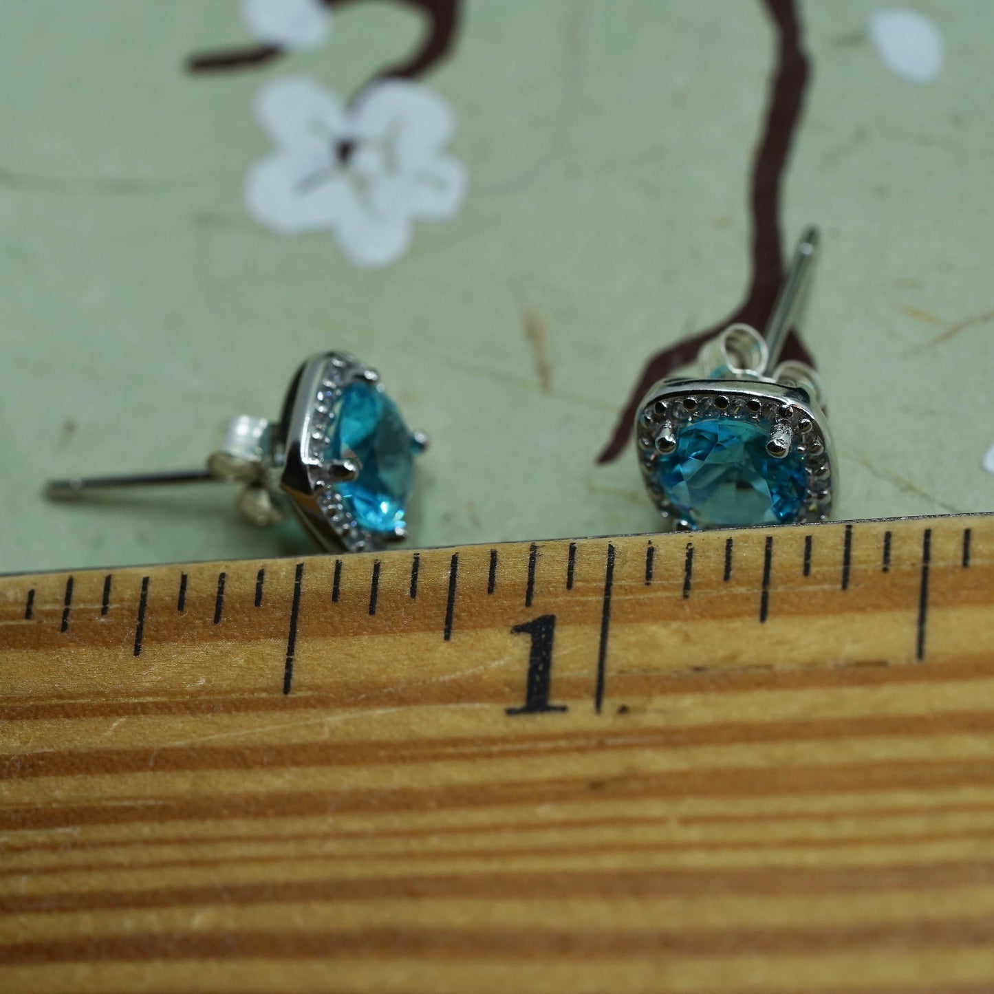 vintage sterling silver earrings w/ blue topaz and cz around, 925 silver studs