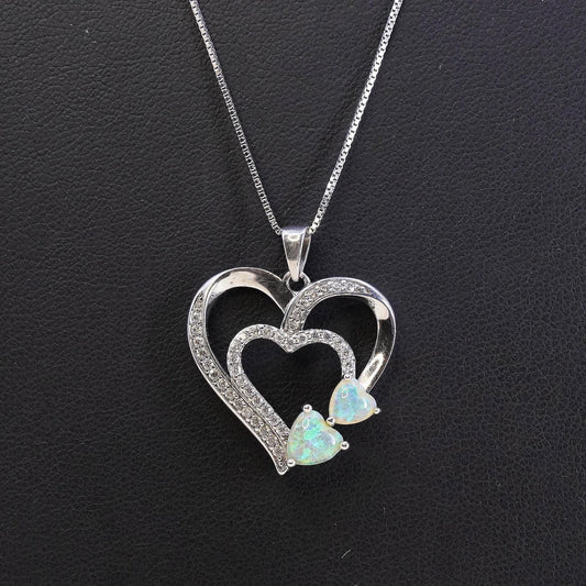 Opal Heart Necklace Sterling Silver 925 Double Heart White Topaz Pave Love