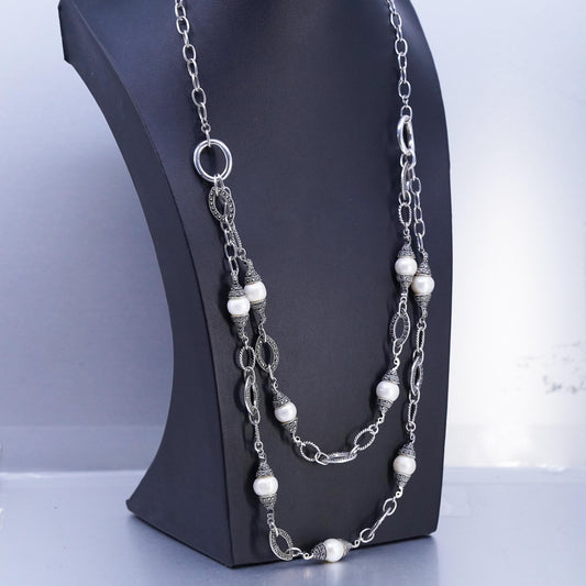 24", Sterling 925 silver double strands necklace double sided marcasite pearl