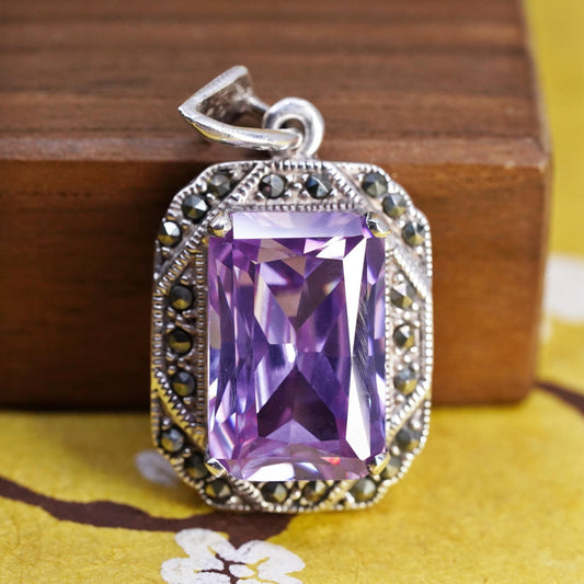 Vintage Sterling 925 silver rectangular pendant amethyst and cluster marcasite