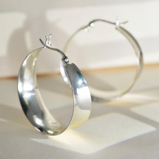 1.5" VTG sterling silver bold ribbed earrings, fashion minimalist wide hoops