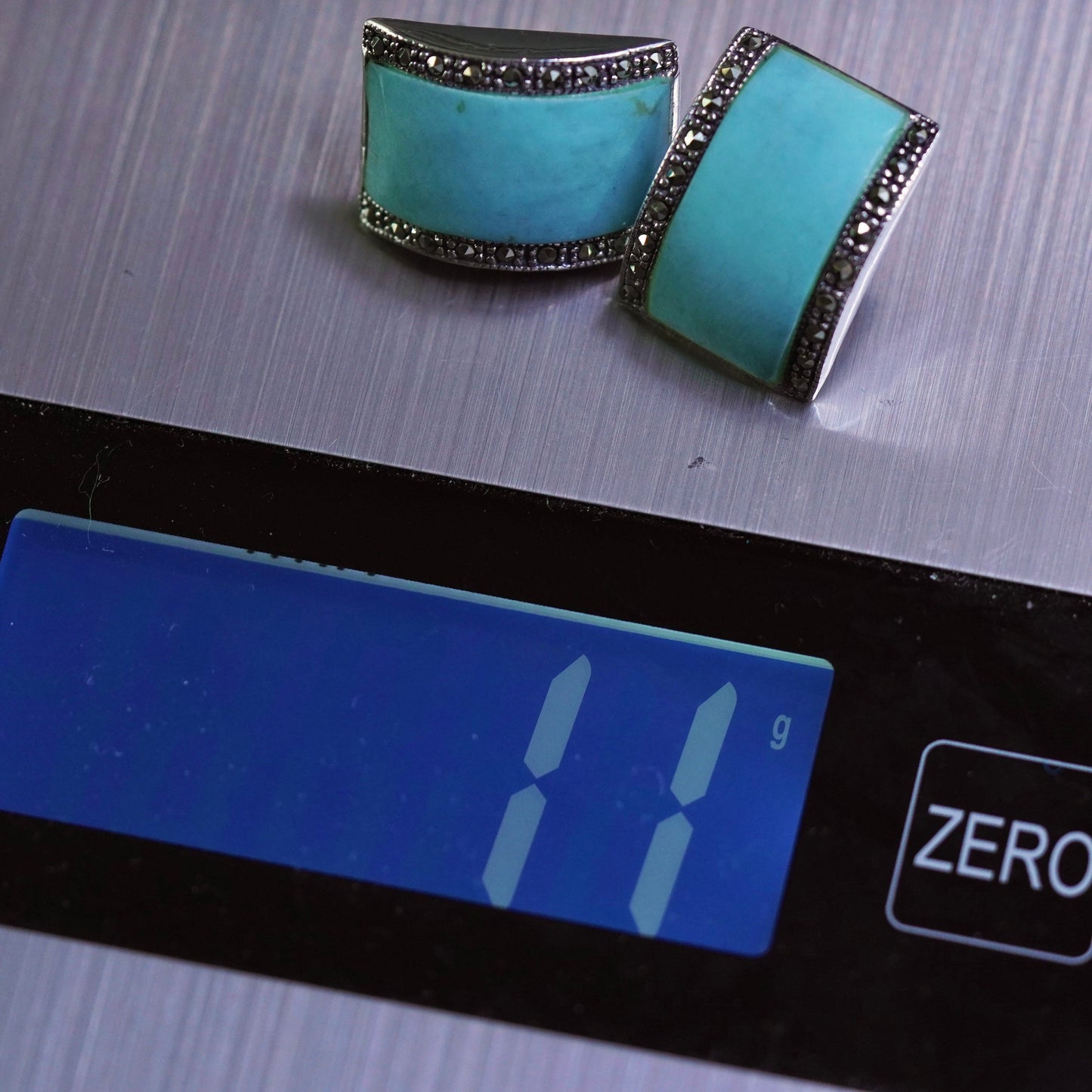 sterling silver handmade earrings, 925 studs with turquoise inlay and marcasite