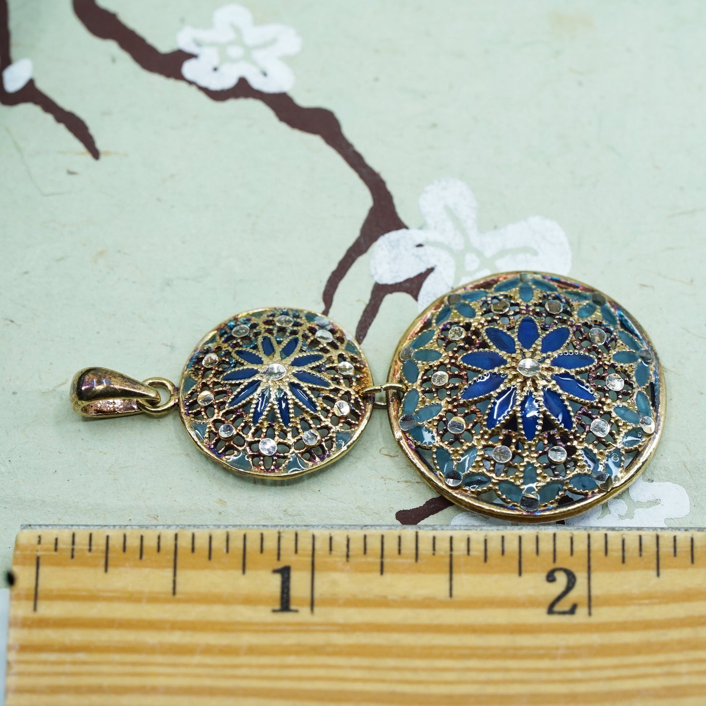 Italian Vermeil gold over Sterling silver pendant, 925 Filigree circle enamel