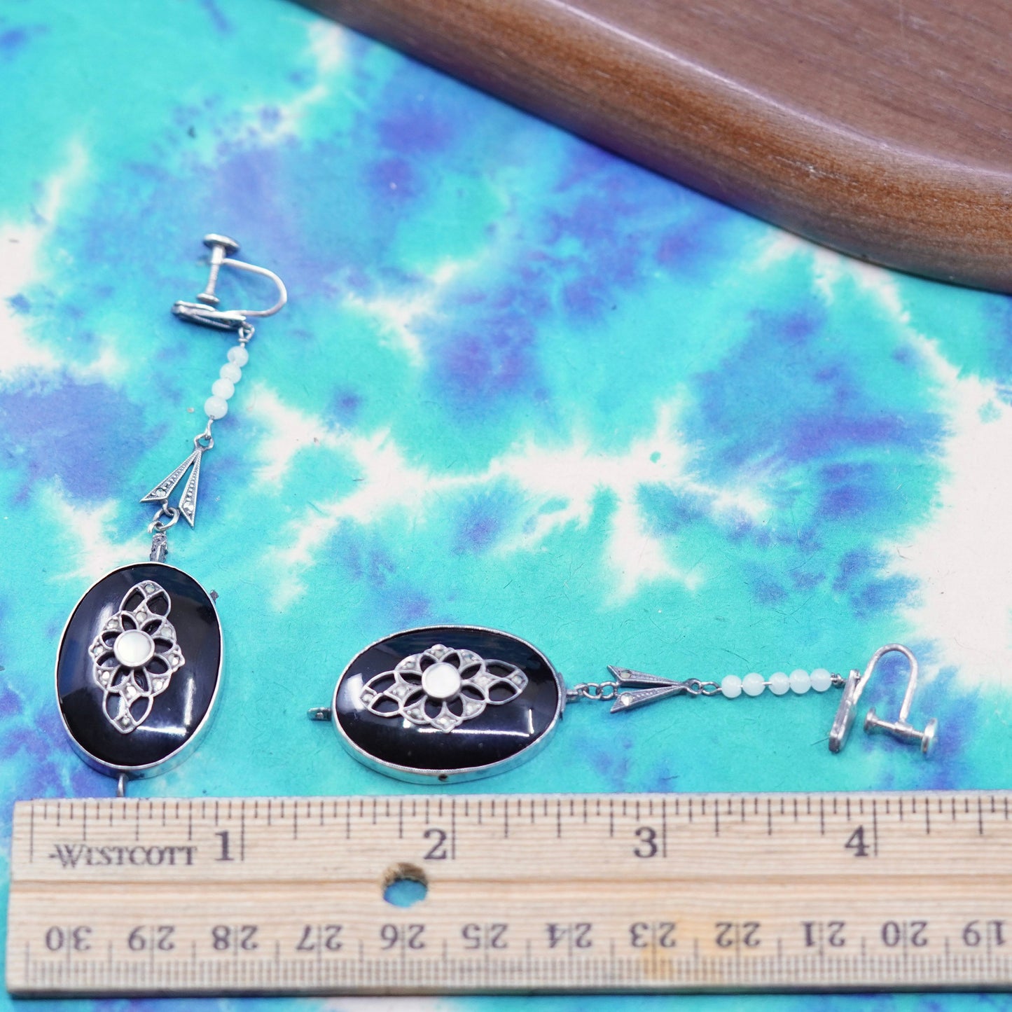 Sterling silver 925 handmade screw back earrings oval black onyx and marcasite