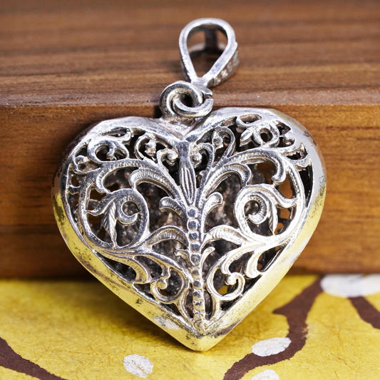 VTG Sterling silver handmade double side pendant, 925 filigree heart pendant