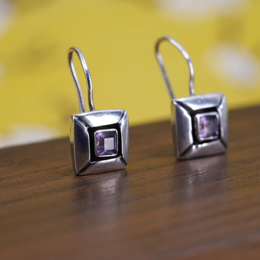 Vintage Sterling 925 silver handmade square earrings with amethyst