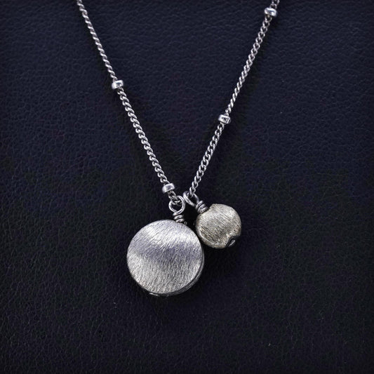 18”, VTG Sterling 925 silver curb beads chain necklace with two tone pendant