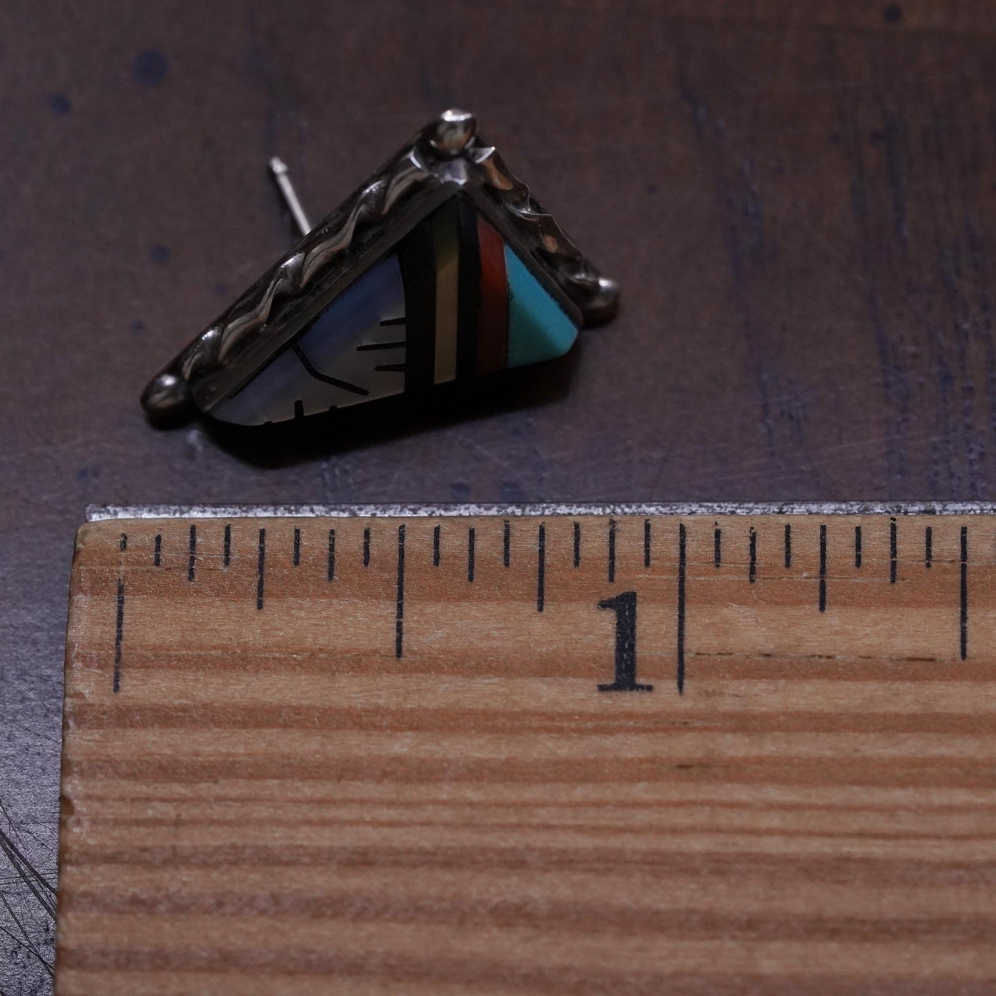 Native American Zuni single earring. Sterling 925 silver stud turquoise