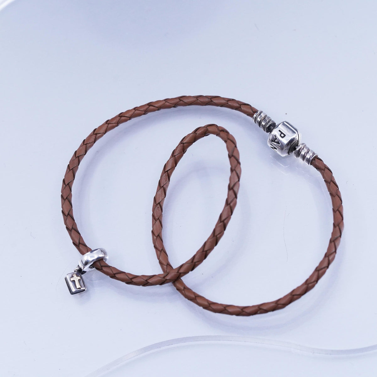 14”, Pandora 925 Sterling Silver brown braided Leather Necklace bible charm