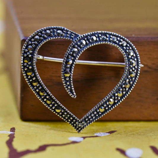 Vintage handmade sterling silver brooch, 925 silver heart w/ marcasite details