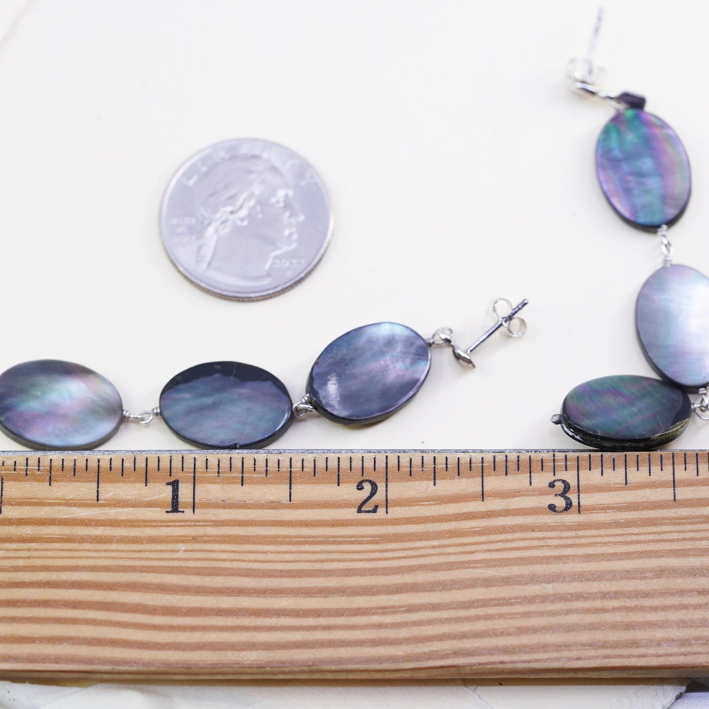 Vintage sterling 925 silver handmade long earrings with oval abalone dangles