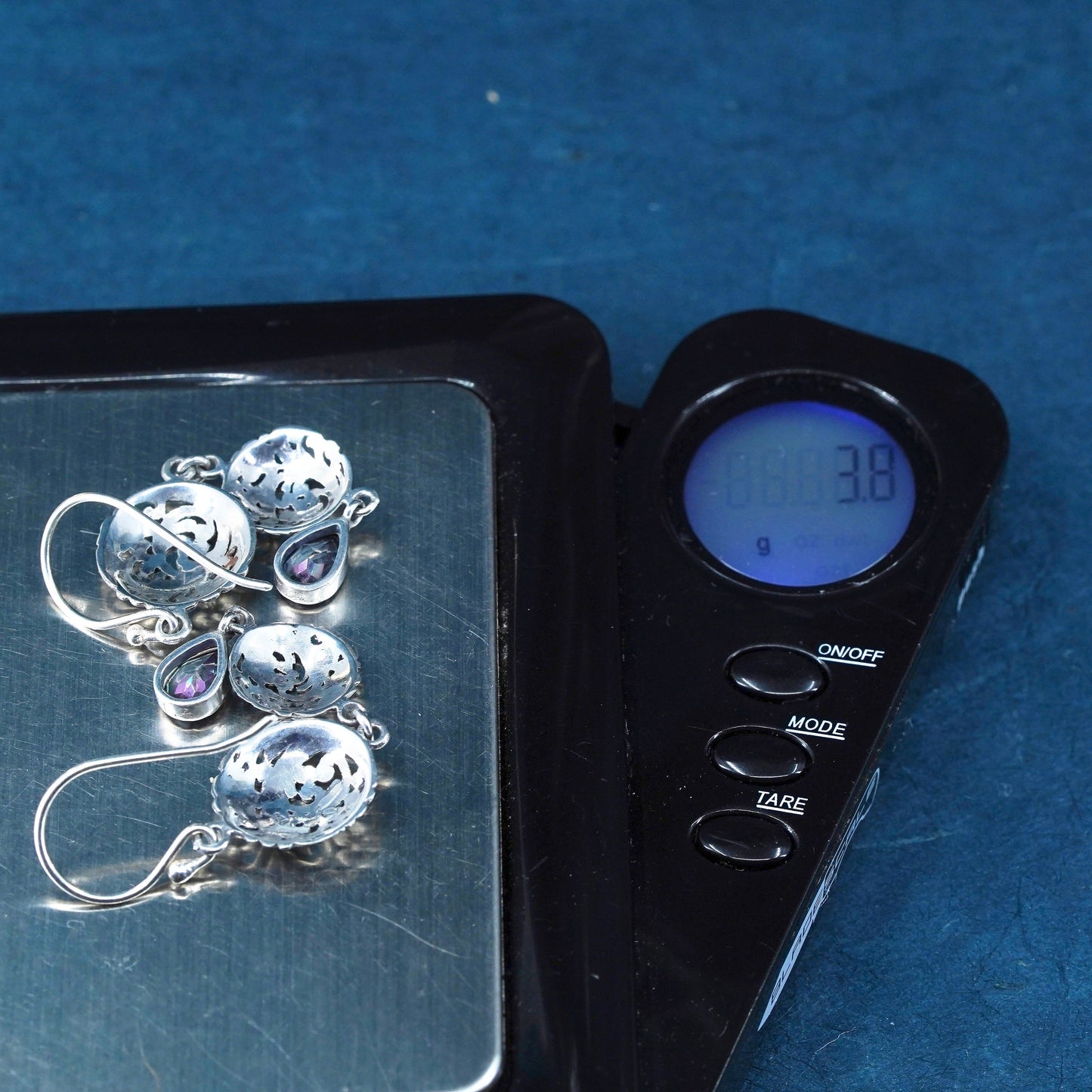Sterling silver earrings, 925 filigree drops teardrop rainbow topaz