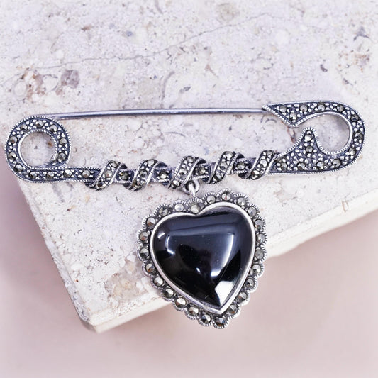 Vintage Sterling silver handmade brooch, 925 marcasite bow pin heart onyx charm