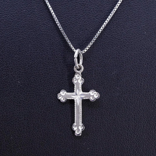 18" 1mm, vintage Sterling silver necklace, 925 box chain with cross pendant