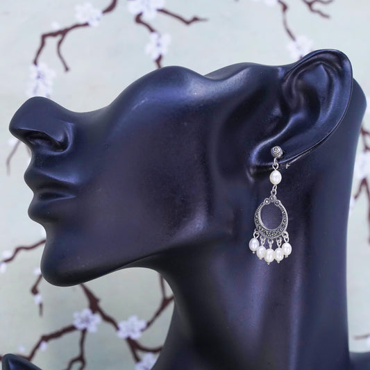 Vintage sterling 925 silver handmade earrings with marcasite and pearl beads