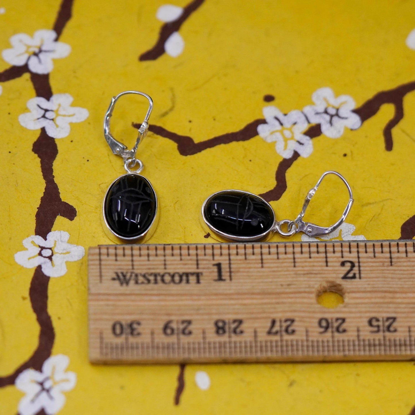 Vintage Sterling 925 silver handmade earrings with oval carved obsidian