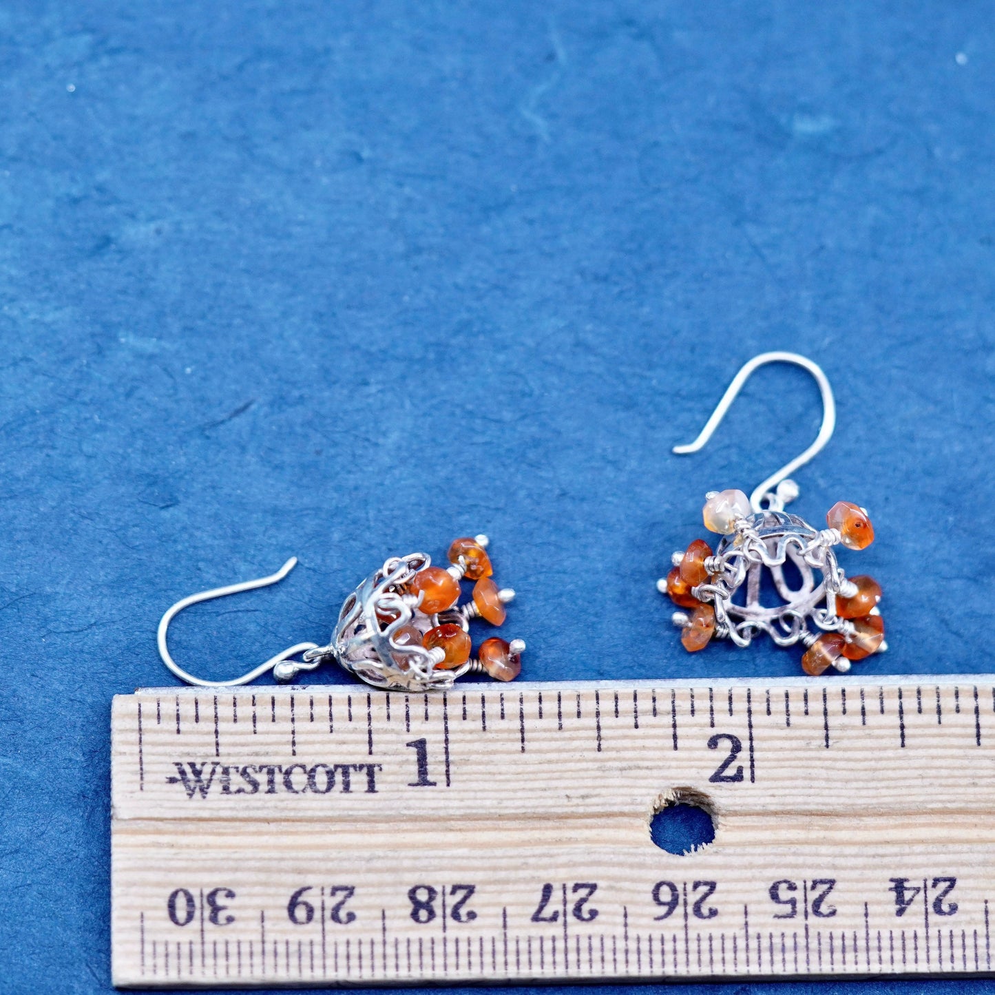 Vintage Sterling Silver 925 filigree crown Earrings with cluster carnelian