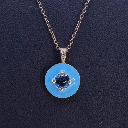 18", gold plated Sterling 925 silver circle necklace enamel blue topaz pendant