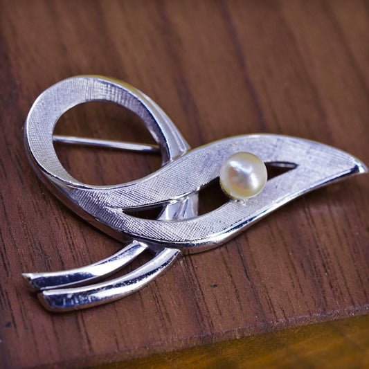 Vintage handmade sterling silver brooch, 925 ribbon brooch with faux pearl