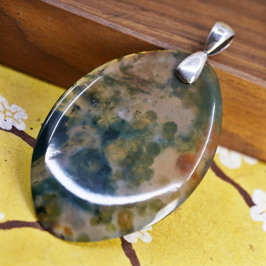 Southwestern Sterling 925 silver handmade oval pendant with moss agate