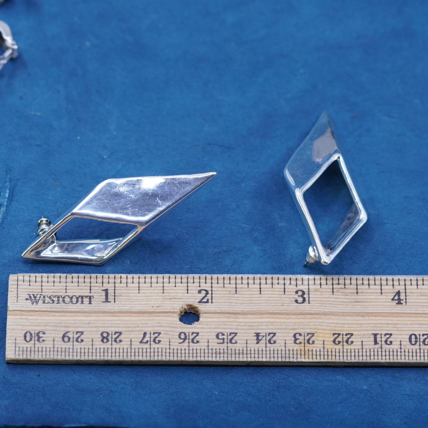 Vintage modernist sterling silver handmade earrings, 925 diamond shaped studs