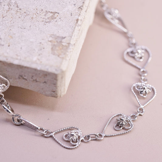 8.25", vintage sterling silver handmade bracelet, 925 filigree heart bracelet
