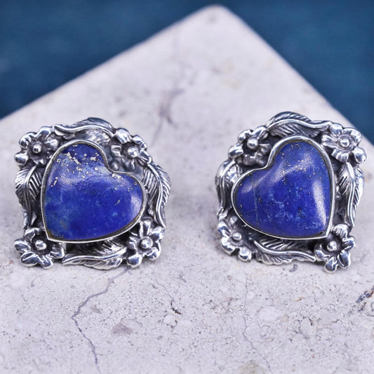 Vintage southwestern sterling silver earrings, 925 heart studs lapis lazuli
