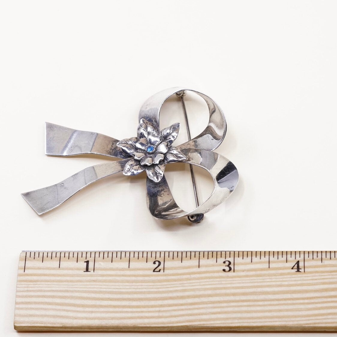 Vintage Sterling silver handmade brooch, solid 925 silver bow, Southwestern style jewelry, stamped sterling