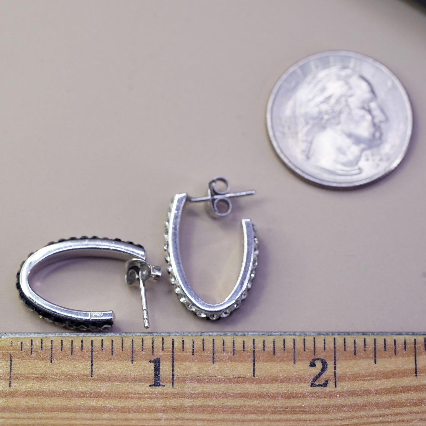 Vintage Sterling silver handmade earrings, 925 huggie studs with cluster cz