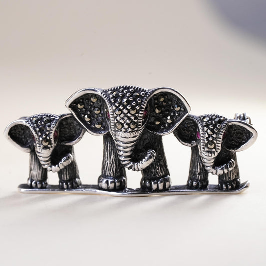 Vintage Sterling 925 silver handmade elephant brooch with marcasite ruby eyes