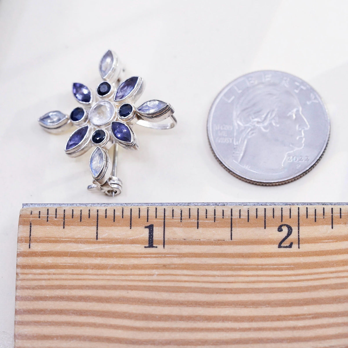 Sterling Silver Moonstone & Iolite Starburst Brooch Pendant, 925 Flower Pin