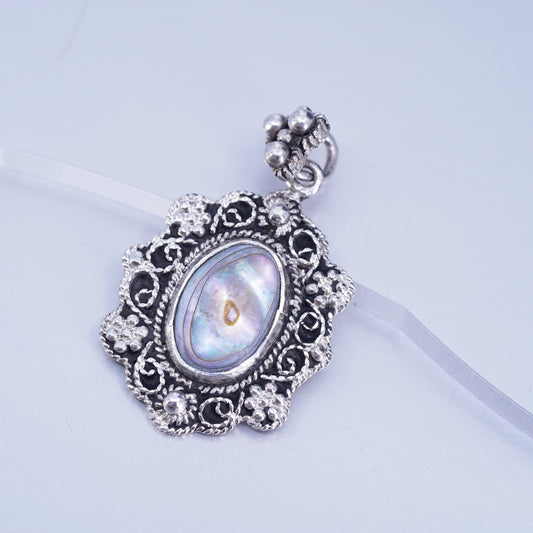 Vintage Sterling 925 silver handmade oval pendant with abalone inlay