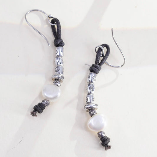 Vintage 925 Sterling Silver Leather Textured Earrings with pearl beads
