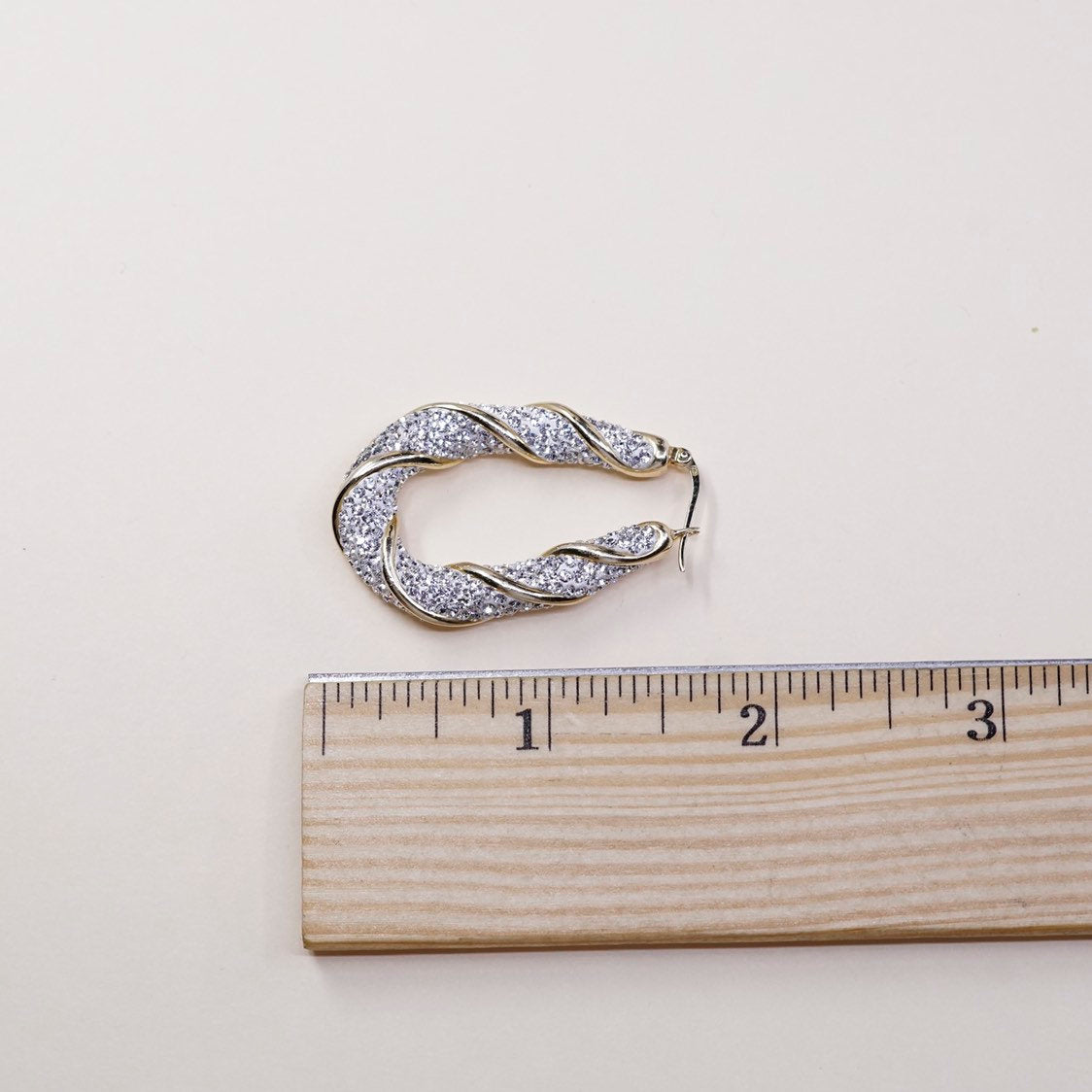 1.75" Vintage gold sterling silver earrings, 925 hoops, huggie, w/ cluster cz