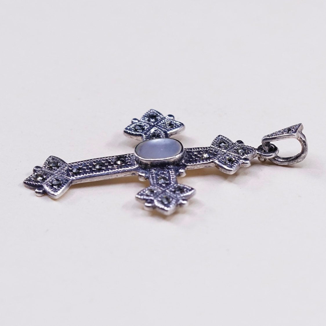 vtg handmade sterling silver cross, 925 with marcasite and mother of pearl