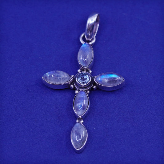 Vintage Sterling 925 silver handmade cross pendant with topaz and moonstone