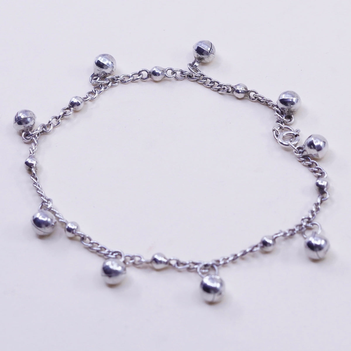 9”, Sterling Silver Bracelet, 925 belly dancer chain anklet chime bell charms