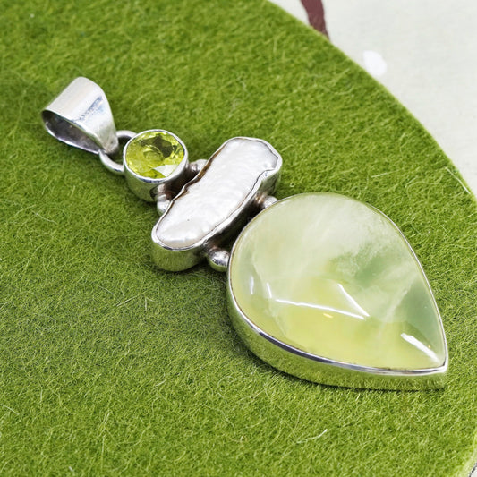 Vintage Sajen Sterling 925 silver pendant with Teardrop jade, peridot and pearl