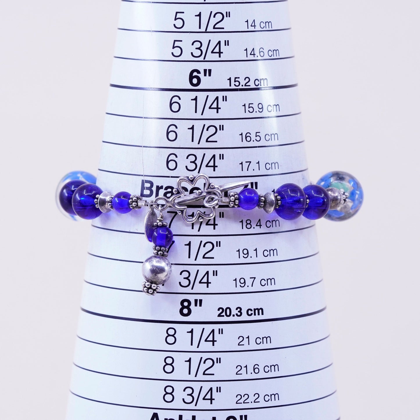 7.75”, vintage 925 Sterling silver bracelet with artisan blue glass beads